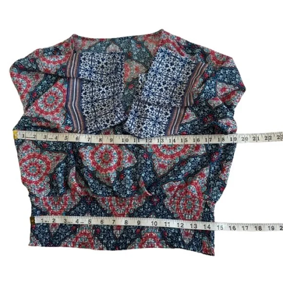 Blue & Red Women' S-M Floral Geometric Bohemian Design Sleeved V Neck Crop Top - Picture 7 of 10